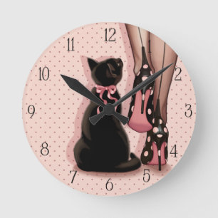 Elegant young woman and black cat round clock