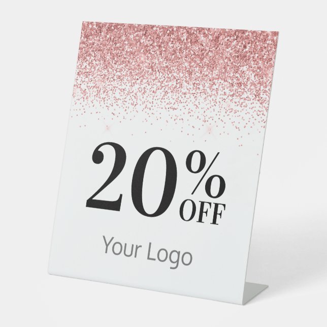Elegant Your Logo Pink Glitter 20% Off Business Pedestal Sign (Front)