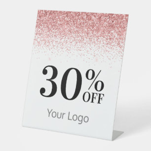 Elegant Your Logo Pink Glitter 30% Off Business Pedestal Sign