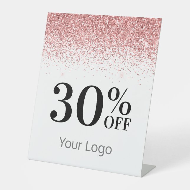 Elegant Your Logo Pink Glitter 30% Off Business Pedestal Sign (Front)