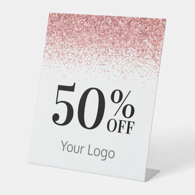 Elegant Your Logo Pink Glitter 50% Off Business Pedestal Sign (Front)