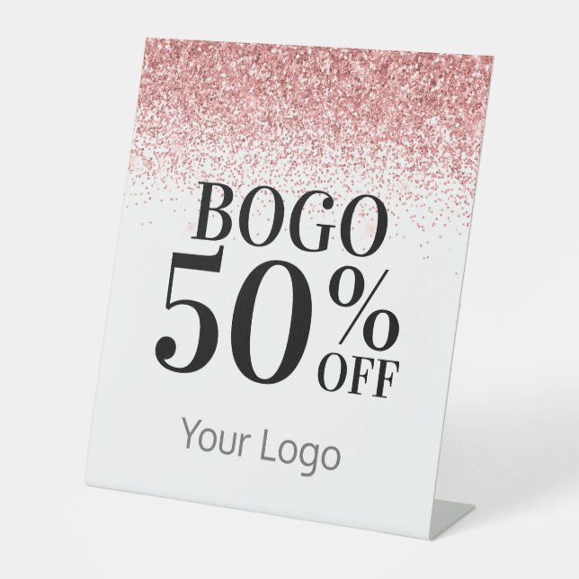 Elegant Your Logo Pink Glitter BOGO Business Pedestal Sign (Front)