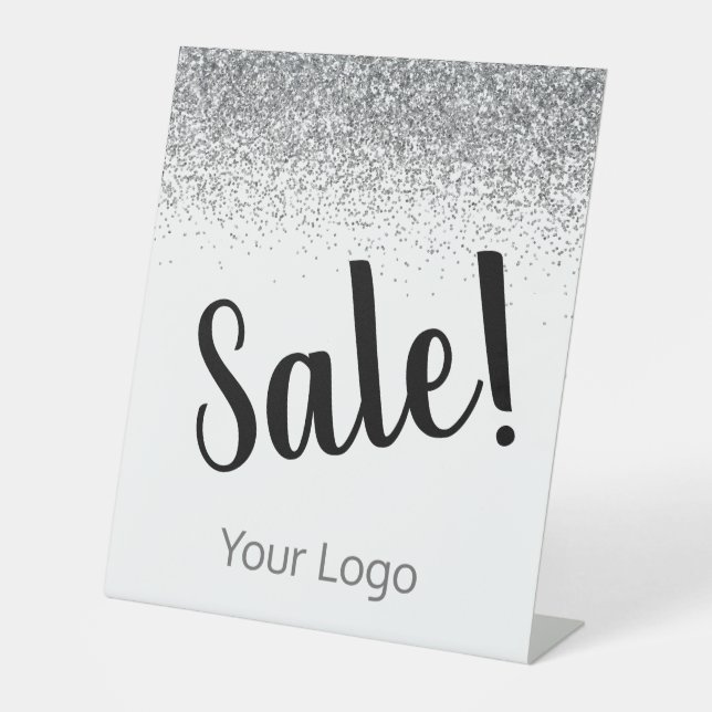 Elegant Your Logo Silver Glitter Sale Business Pedestal Sign (Front)