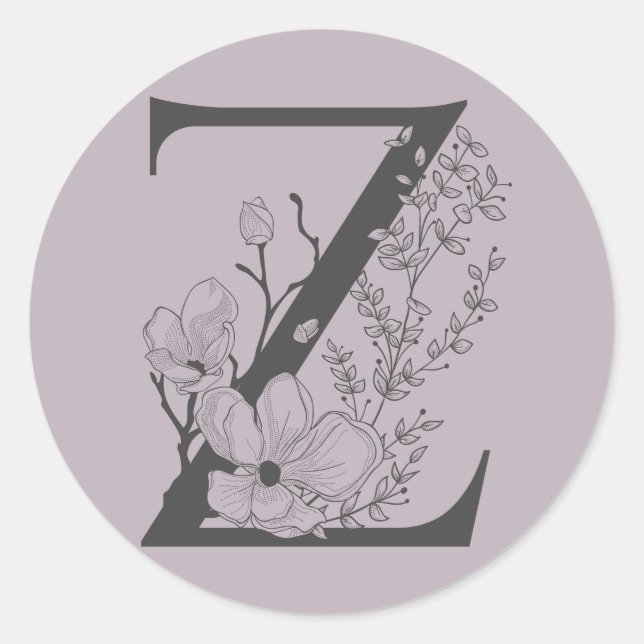 Elegant Z Boho Floral Monogram Initial Lilac Grey Classic Round Sticker (Front)