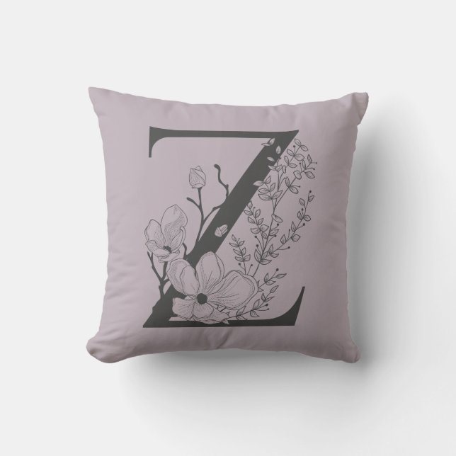 Elegant Z Boho Floral Monogram Initial Lilac Grey Cushion (Front)