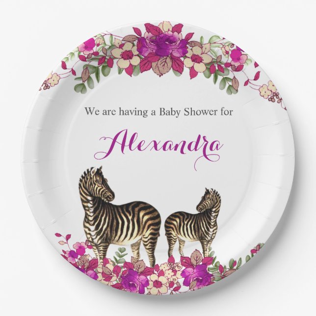 Elegant Zebra Pink Floral Baby Shower Party Paper Plate (Front)