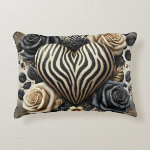 Elegant Zebra Print Heart & Roses Decorative Cushion