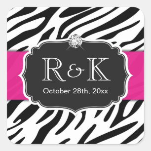 Elegant Zebra Print Hot Pink Wedding Initials Date Square Sticker