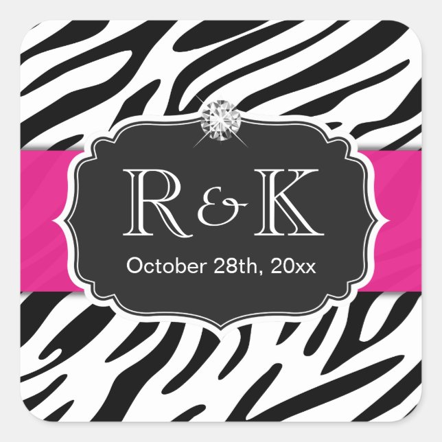 Elegant Zebra Print Hot Pink Wedding Initials Date Square Sticker (Front)