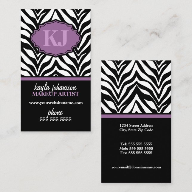 Elegant Zebra Print Monogram Business Card (Front/Back)