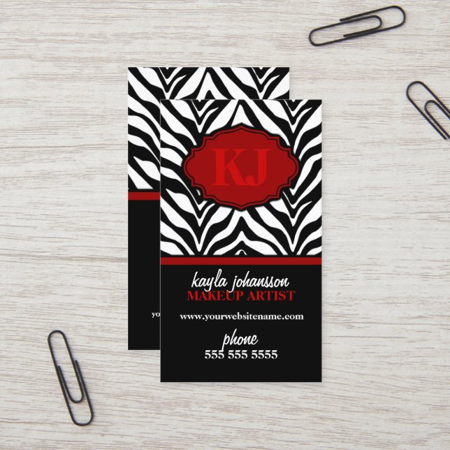 Elegant Zebra Print Monogram Business Cards (Front/Back In Situ)