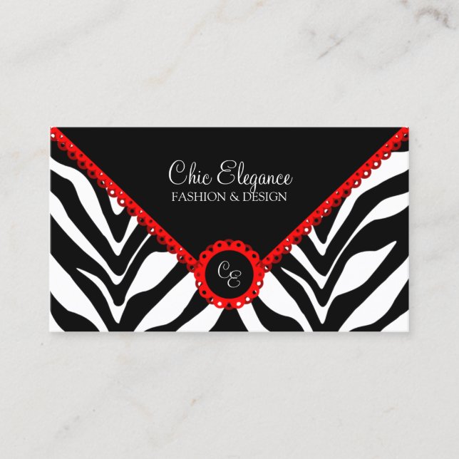 Elegant Zebra Print & Red Lace Business Card (Front)