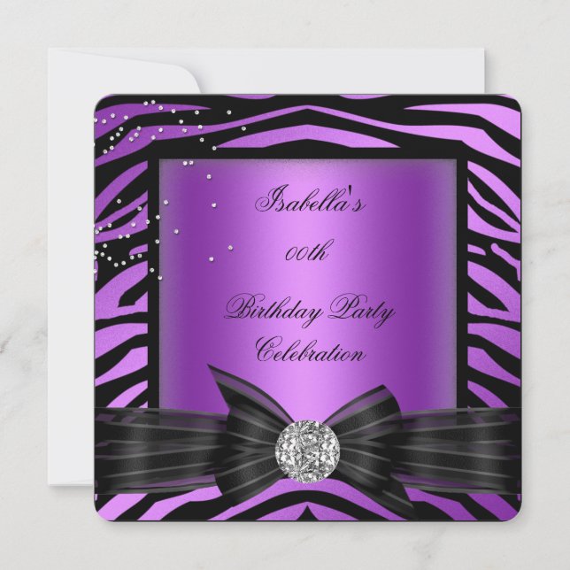 Elegant Zebra Purple Diamond Bow Birthday Party Invitation (Front)