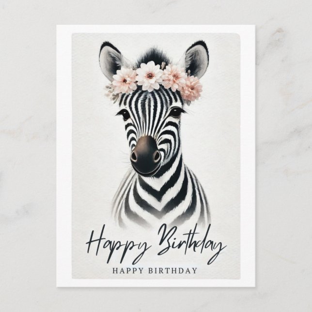 Elegant Zebra with Flower Crown Birthday Card (Front)