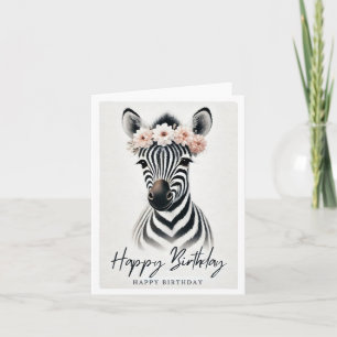 Elegant Zebra with Flower Crown Birthday Card