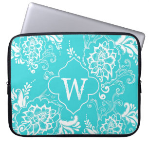 Elegantaqua blue decorative floral monogram laptop sleeve