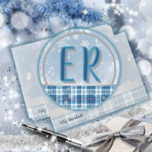 Elegante Azul Etiqueta Monograma Navideña Classic Round Sticker