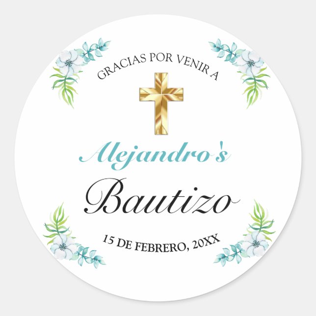 Elegante Azul Floral Oro Cruz Bautismo Gracias Classic Round Sticker (Front)