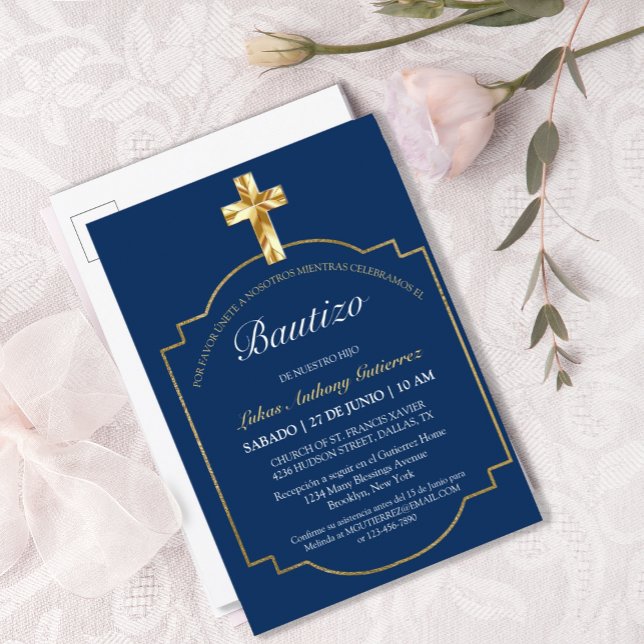 Elegante Bautismo de Niños Con Cruz Dorada Azul Invitation Postcard (ELEGANT SPANISH LANGUAGE NAVY BLUE GOLD CROSS BAUTIZO INVITATION POSTCARD)