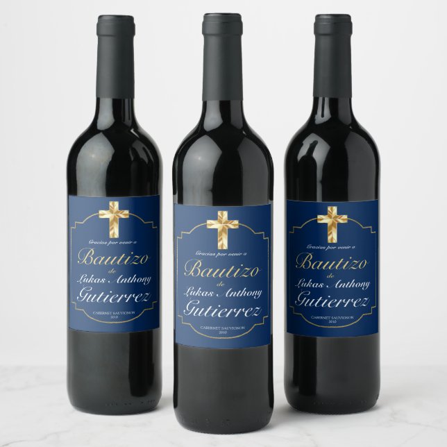 Elegante Bautismo de Niños Con Cruz Dorada Azul  Wine Label (Bottles)