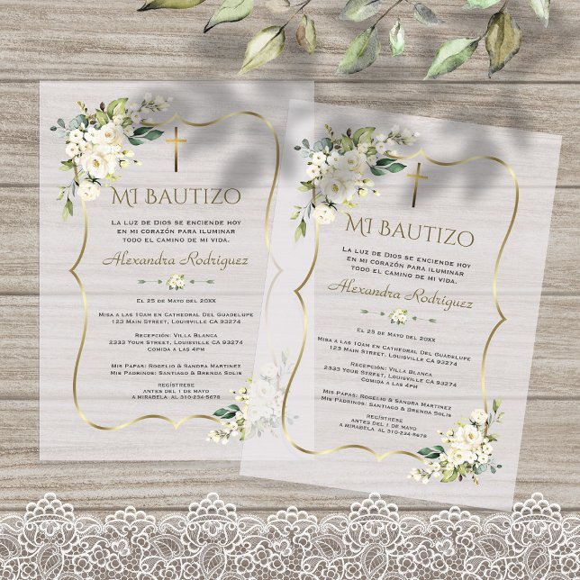 Elegante Bautizo Con Blanca Flores Gold Baptism  Vellum Invitations (Creator Uploaded)