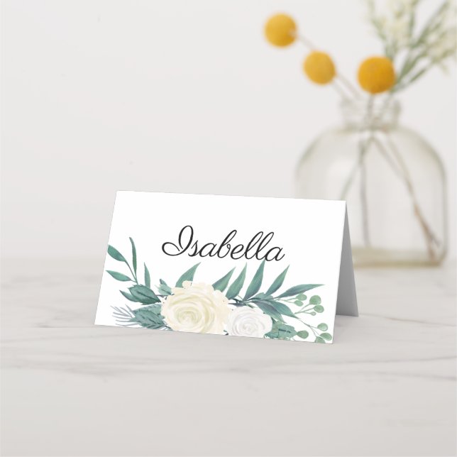 Elegante Blumen Grün Weiss Place Card (Front)