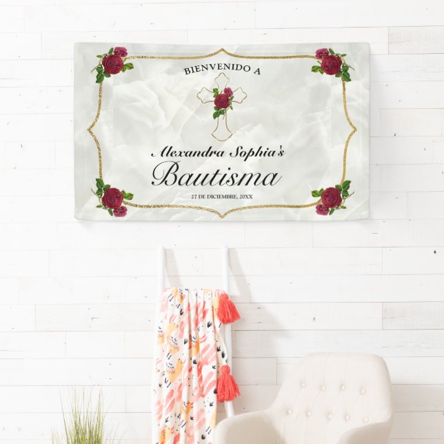Elegante Cruz Dorada Rosas Rojas Niñas Bautismo Banner (Insitu)