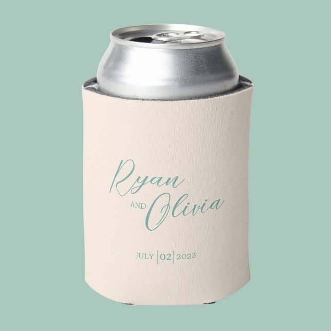 Elegante Customisable Beige Teal wedding Can Cooler (Creator Uploaded)
