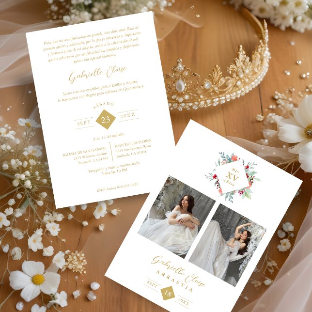 Elegante Español Forma Moderna De Diamante Floral Invitation (panish Elegant Modern Floral Anagram 2 Photos Collage Metallic Foil Invitation with Envelope. )