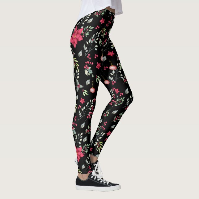 Elegante Green Gold Leaves And Red Holly Berries Leggings (Right)