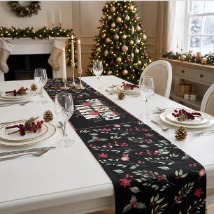 Elegante Green Gold Leaves And Red Holly Berries Long Table Runner