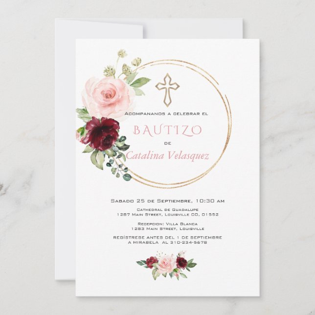 Elegante Invitacion De Bautizo Con Flores Spanish Invitation (Front)