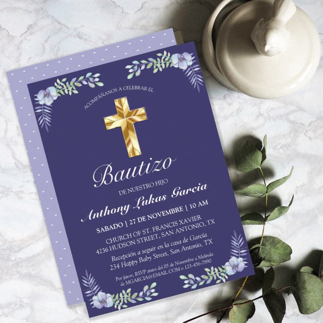 Elegante Lavanda Cruz De Oro Bautizo Bebé Invitati Invitation (Creator Uploaded)