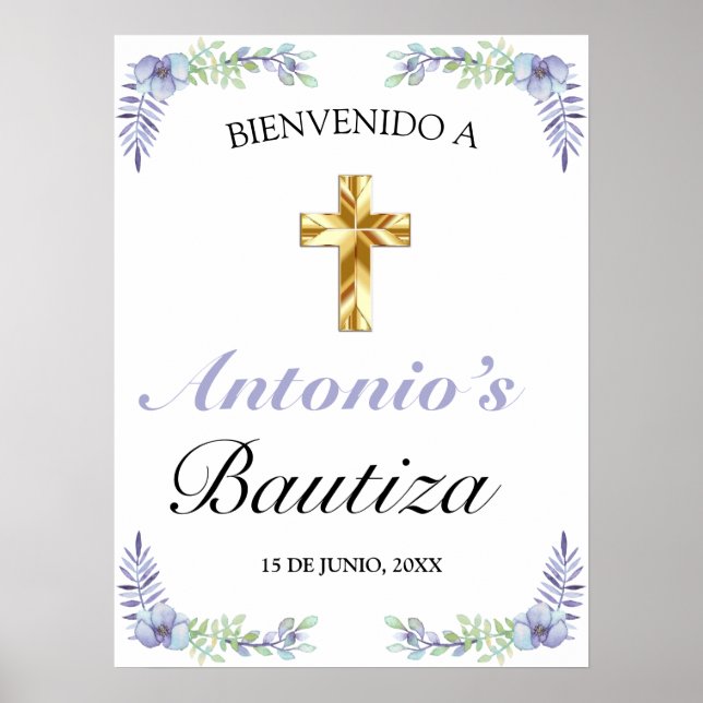 Elegante Lavanda Cruz De Oro Bautizo Bienvenido Poster (Front)