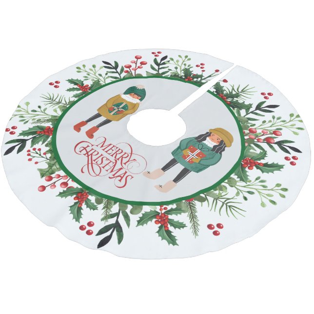 Elegante Modern Wreath and Script Merry Christmas Brushed Polyester Tree Skirt (Angled)
