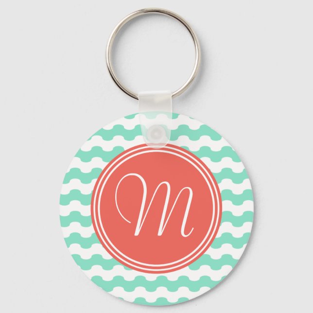 Elegante monograma coral con ondas en verde key ring (Front)