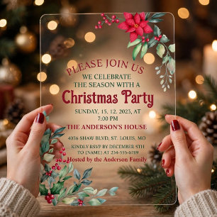 Elegante PoinsettiaGreen Leaves Red Holly Berries Acrylic Invitations
