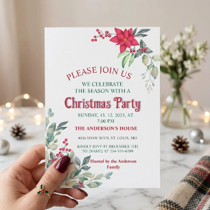 Elegante PoinsettiaGreen Leaves Red Holly Berries Invitation