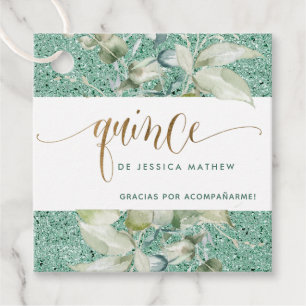 Elegante Quinceañera Verde con Brillantina, Quince Favour Tags