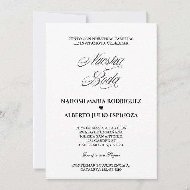 Elegante Spanish Bianco Y Negro Nuestra Boda Invitation (Front)
