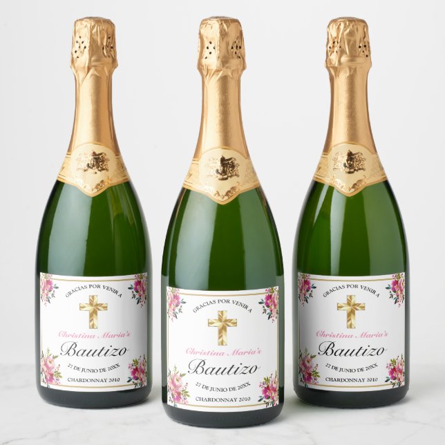 Elegante Tinta Floral Bautizo Cruz De Oro  Sparkling Wine Label (Bottles)