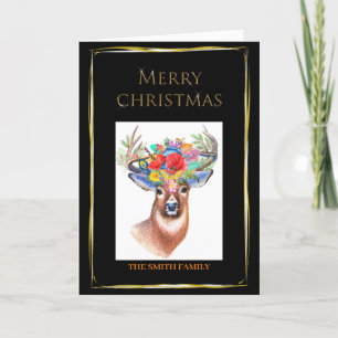 Elegantly beautiful reindeer with flowers and gold holiday card