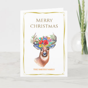 Elegantly beautiful reindeer with flowers and gold holiday card