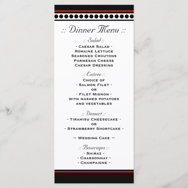 Elegantly Dotted Red Accent Reception Menu (Front)