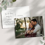 Elegantly Penned | Photo Save the Date Announcement Postcard<br><div class="desc">An elegant wedding save the date postcard designed to accommodate your favourite horizontal or landscape orientated full-bleed engagement photo. Your names appear as a white text overlay in modern hand lettered script. Personalise with your wedding date and wedding location beneath. Postcards reverse to show additional save the date details, including...</div>