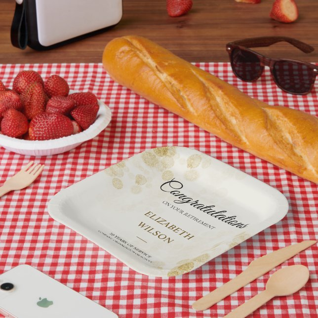 ElegantScript Retirement Party Gold Confetti Guest Paper Plate (Picnic)