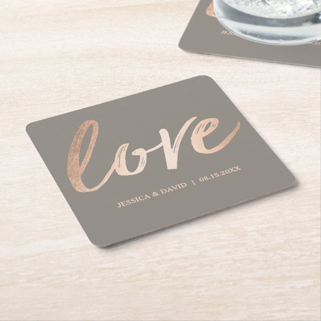 Elegantt Script Faux Foil Rose Gold Love Square Paper Coaster (Angled)