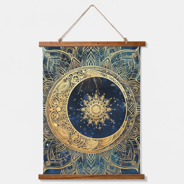 Elegeant Watercolor Blue Gold Mandala Sun Nebula  Hanging Tapestry (Front)