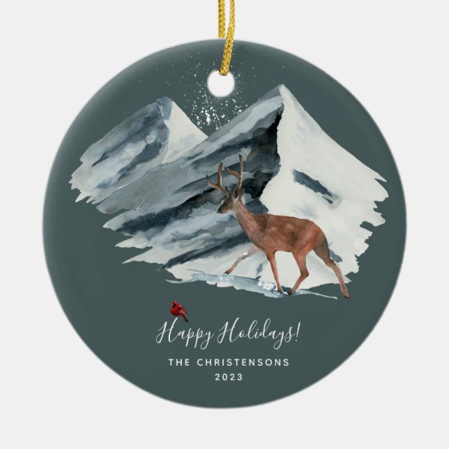 Elegent Christmas Winter Mountain Scene Photo Ceramic Tree Decoration (Front)