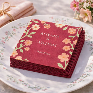 Elegent Floral Red Border Minimal  Napkin